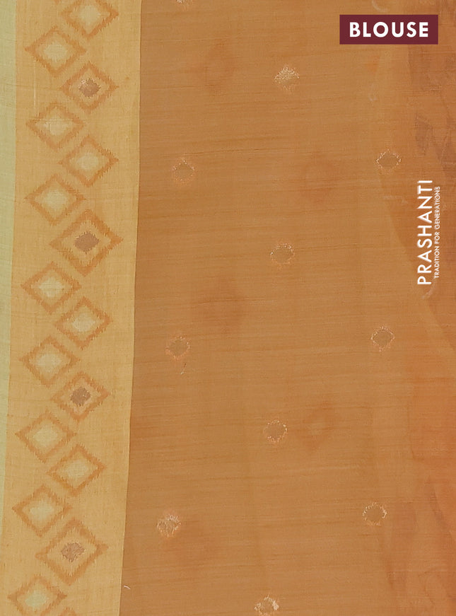 Semi jute silk saree pale yellow and rustic orange with thread & zari woven buttas and ikat weaving pallu