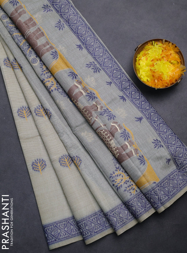 Semi jute silk saree grey shade and blue with thread woven buttas and thread woven pallu