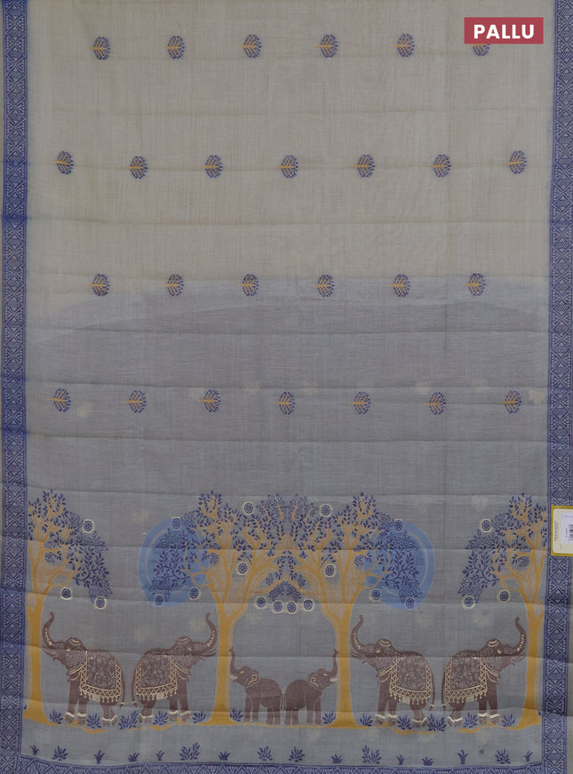 Semi jute silk saree grey shade and blue with thread woven buttas and thread woven pallu