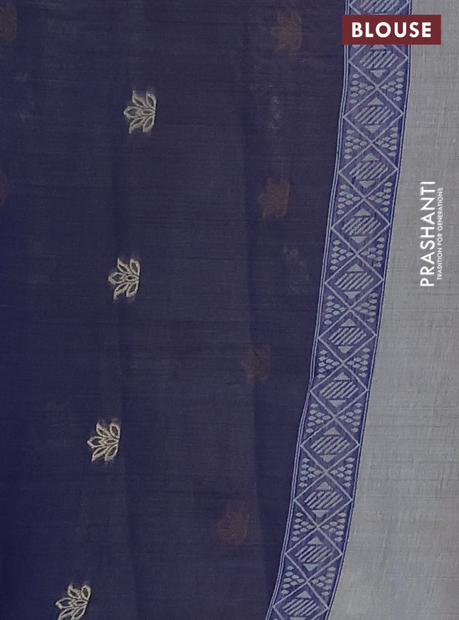 Semi jute silk saree grey shade and blue with thread woven buttas and thread woven pallu