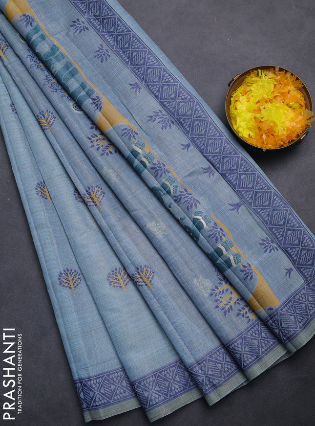Semi jute silk saree pastel blue and navy blue with thread woven buttas and thread woven pallu