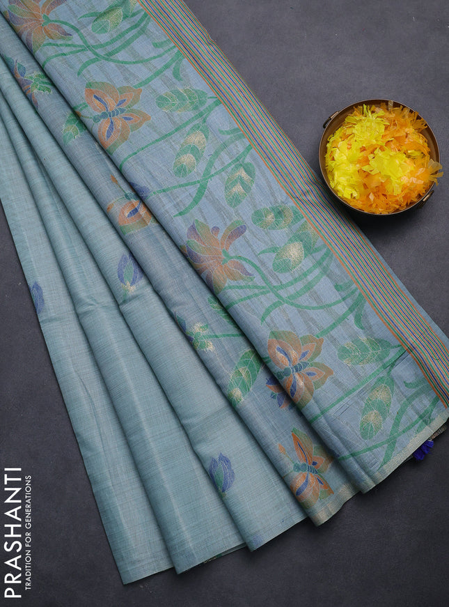 Semi jute silk saree pastel blue and blue with thread woven buttas and thread woven pallu