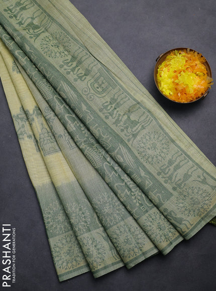 Semi jute silk saree pale yellow and green with thread woven buttas and thread woven pallu