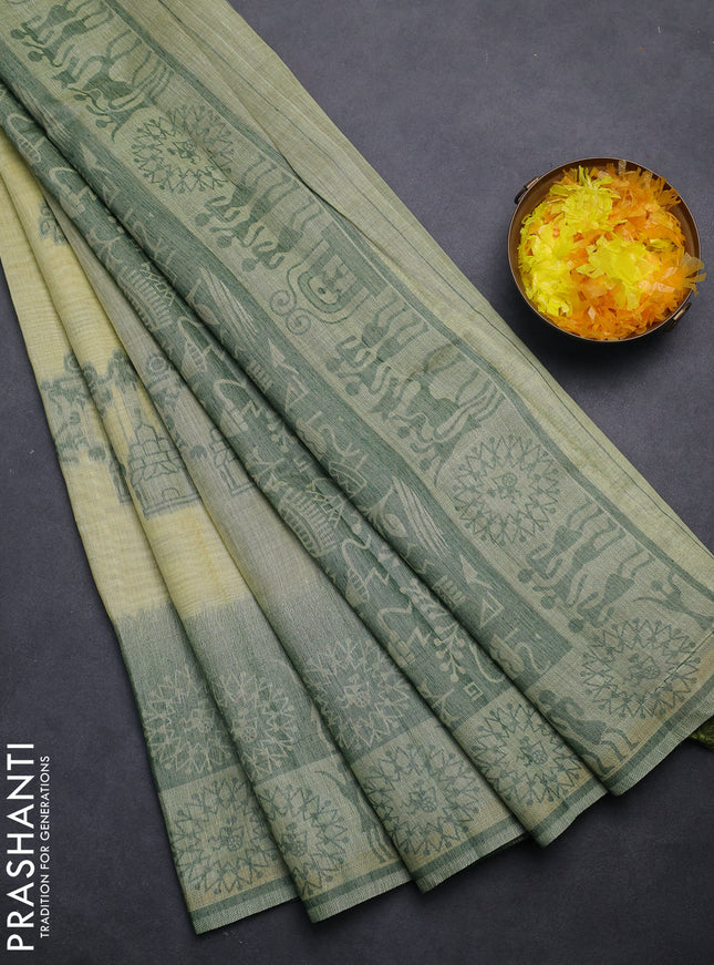 Semi jute silk saree pale yellow and green with thread woven buttas and thread woven pallu