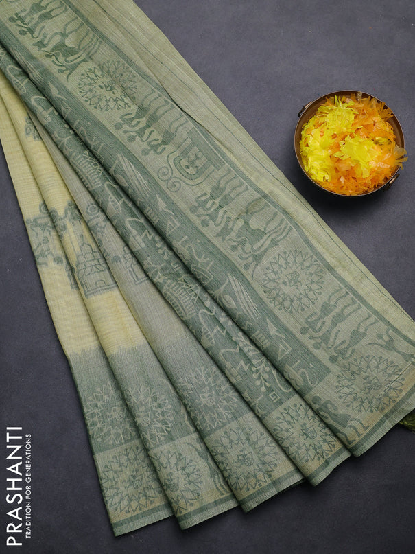 Semi jute silk saree pale yellow and green with thread woven buttas and thread woven pallu
