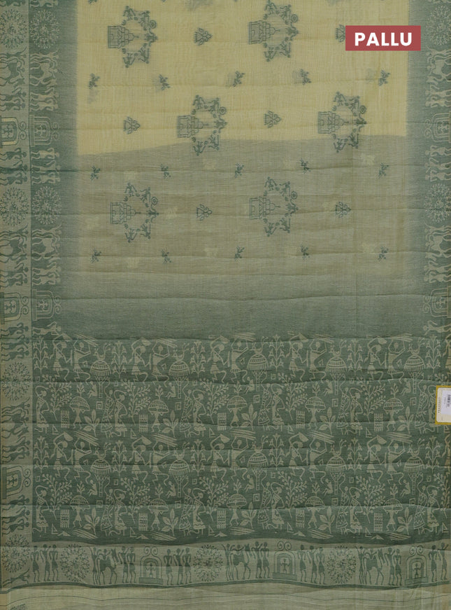 Semi jute silk saree pale yellow and green with thread woven buttas and thread woven pallu