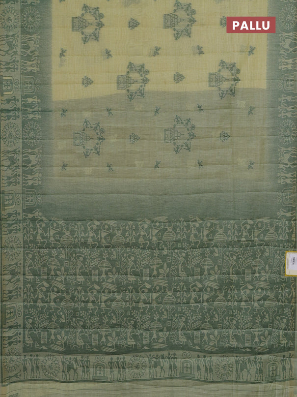 Semi jute silk saree pale yellow and green with thread woven buttas and thread woven pallu