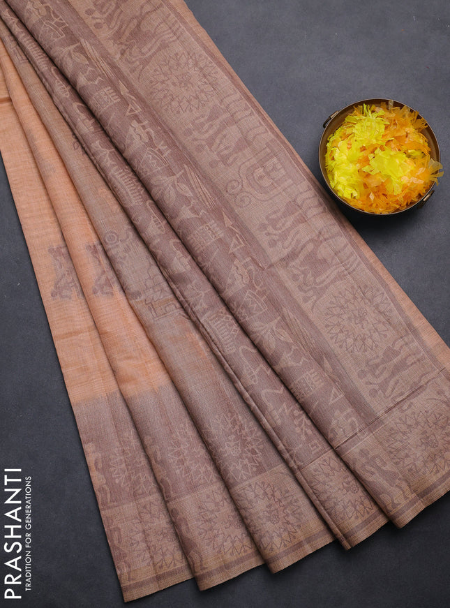 Semi jute silk saree peach shade and brown with thread woven buttas and thread woven pallu