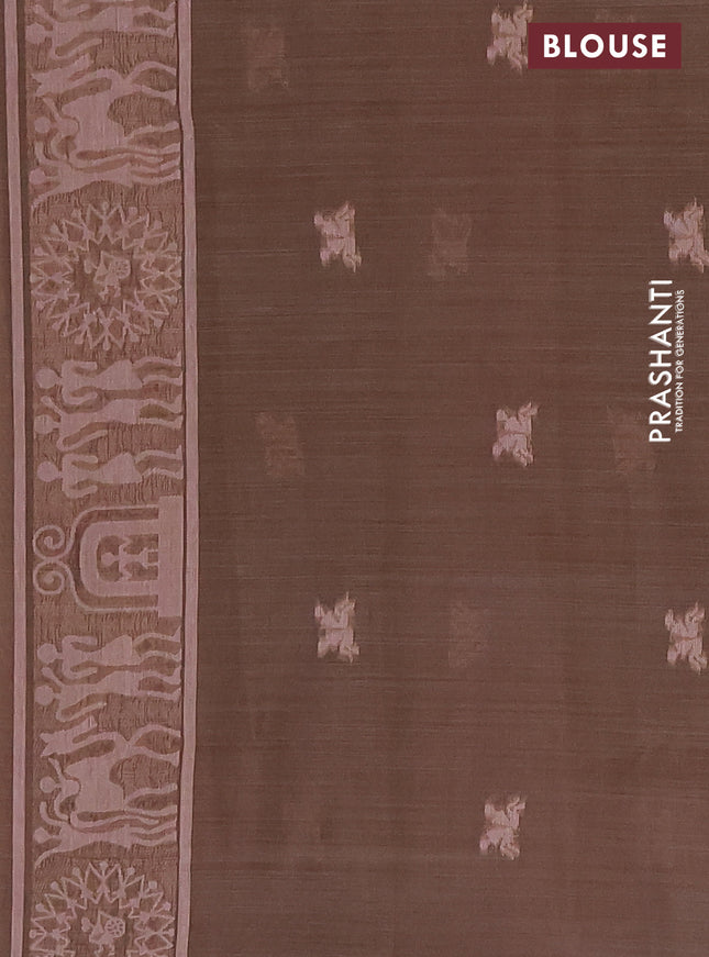 Semi jute silk saree peach shade and brown with thread woven buttas and thread woven pallu