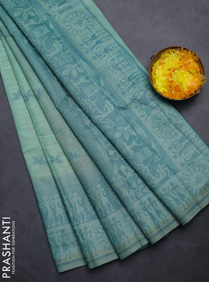 Semi jute silk saree teal green and peacock green with thread woven buttas and thread woven pallu