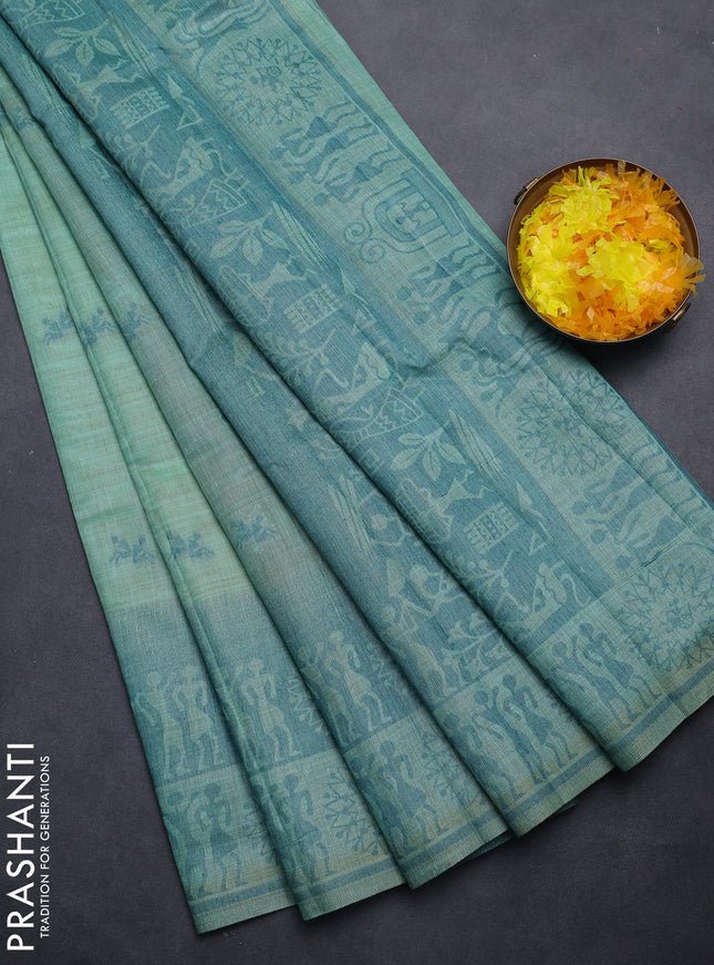 Semi jute silk saree teal green and peacock green with thread woven buttas and thread woven pallu