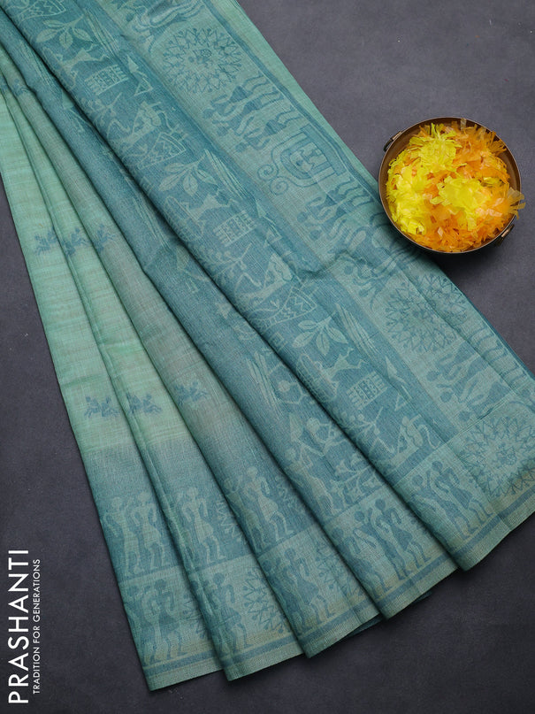 Semi jute silk saree teal green and peacock green with thread woven buttas and thread woven pallu