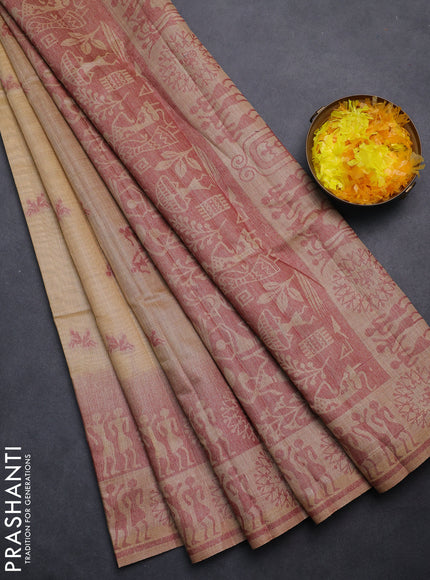 Semi jute silk saree sandal and maroon with thread woven buttas and thread woven pallu