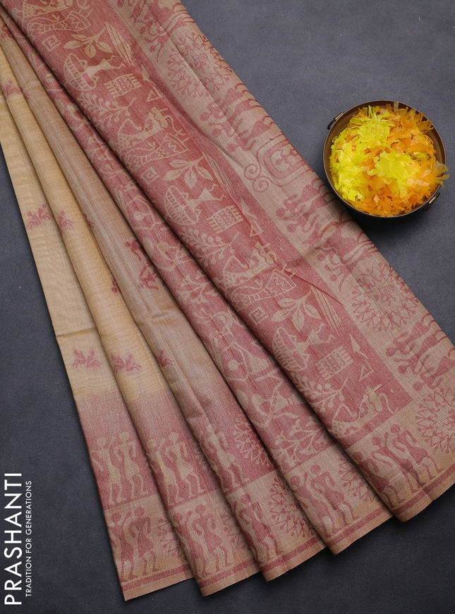 Semi jute silk saree sandal and maroon with thread woven buttas and thread woven pallu