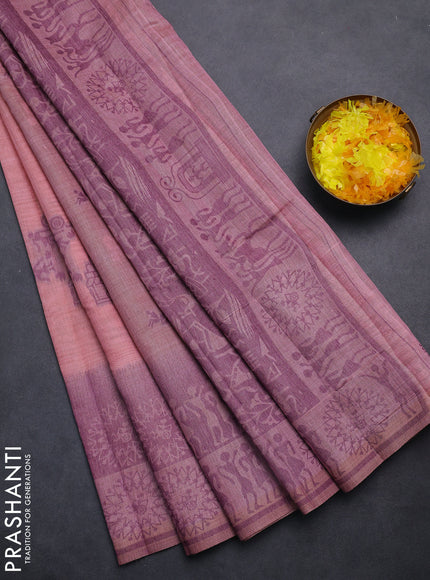 Semi jute silk saree peach pink and wine shade with thread woven buttas and thread woven pallu