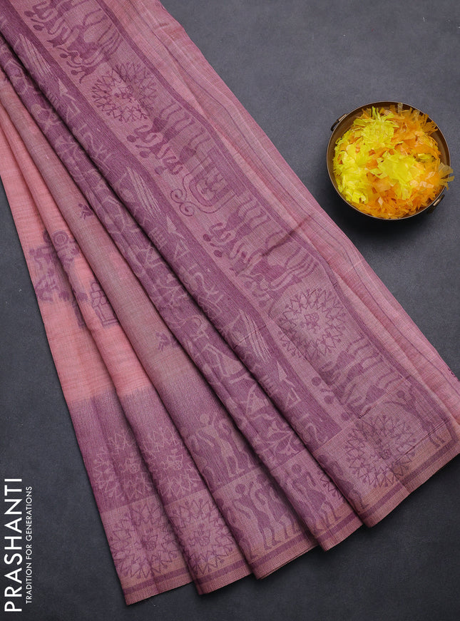 Semi jute silk saree peach pink and wine shade with thread woven buttas and thread woven pallu