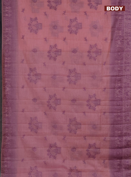 Semi jute silk saree peach pink and wine shade with thread woven buttas and thread woven pallu