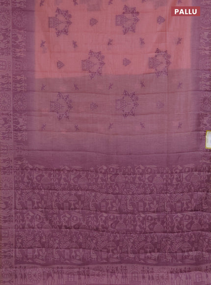 Semi jute silk saree peach pink and wine shade with thread woven buttas and thread woven pallu