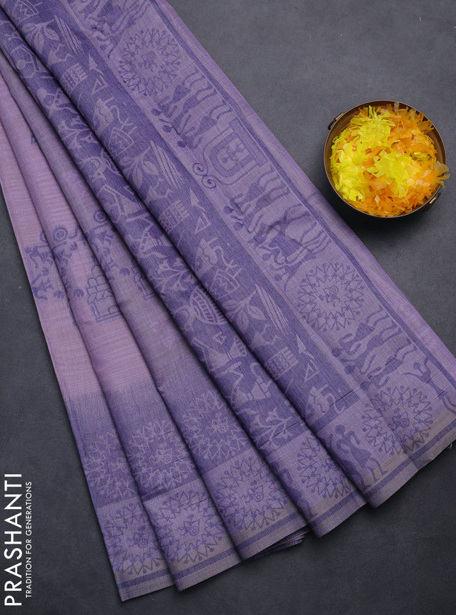 Semi jute silk saree pastel lavender and navy blue with thread woven buttas and thread woven pallu