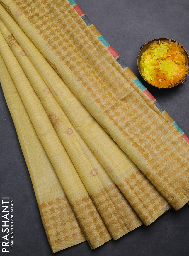 Semi jute silk saree pale yellow with thread woven buttas and floral design woven pallu