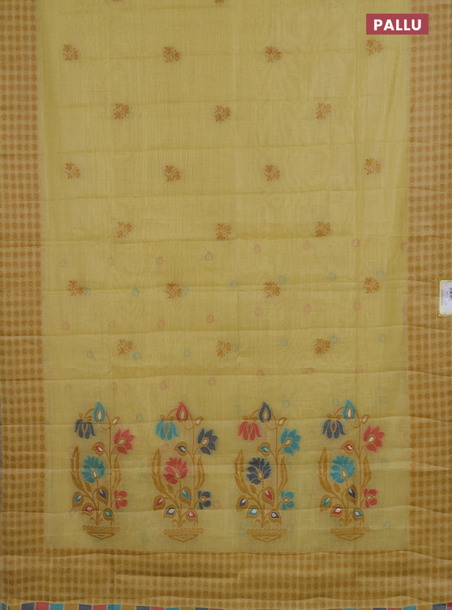 Semi jute silk saree pale yellow with thread woven buttas and floral design woven pallu