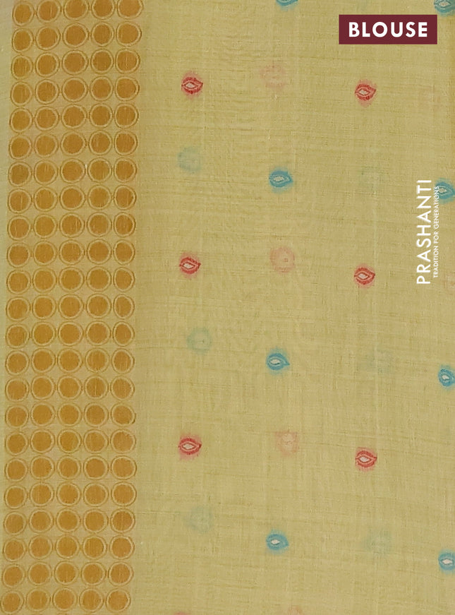 Semi jute silk saree pale yellow with thread woven buttas and floral design woven pallu
