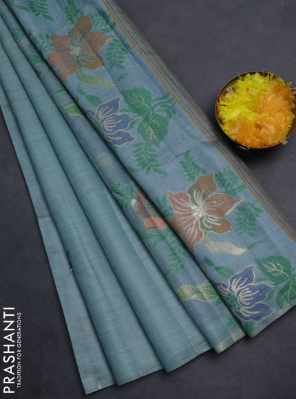 Semi jute silk saree pastel blue and blue with thread & zari woven buttas and floral design woven pallu