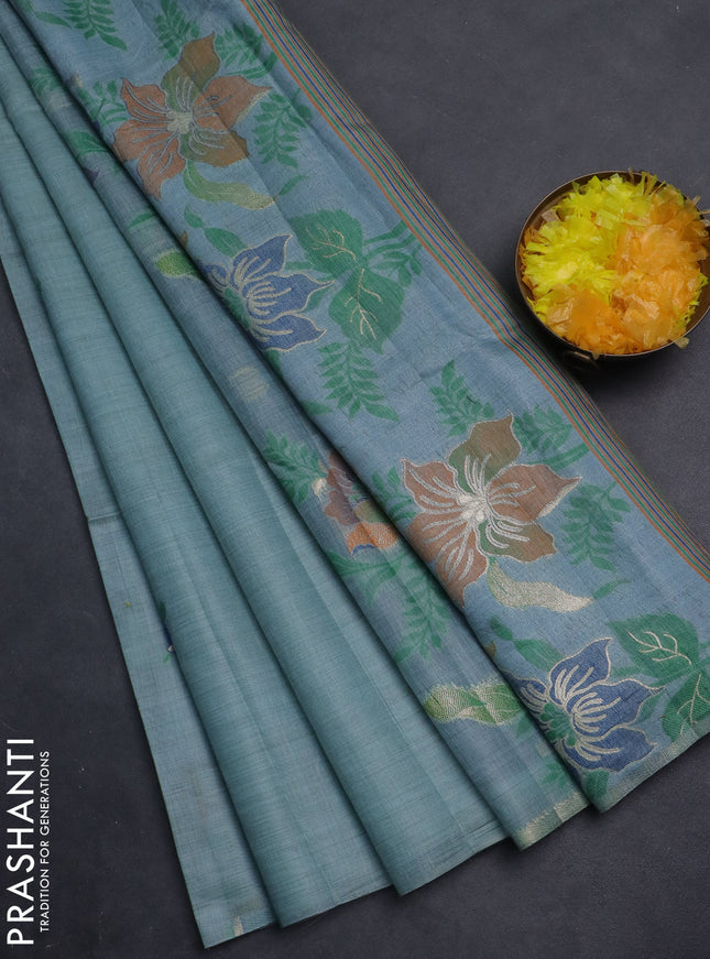 Semi jute silk saree pastel blue and blue with thread & zari woven buttas and floral design woven pallu