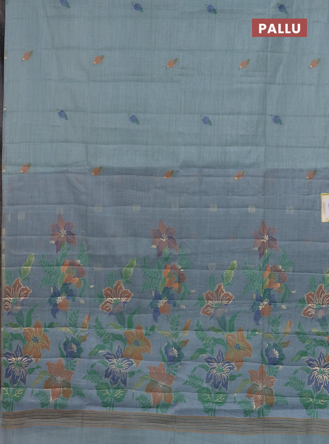 Semi jute silk saree pastel blue and blue with thread & zari woven buttas and floral design woven pallu