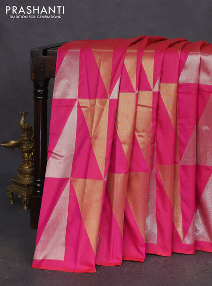 Semi soft silk saree pink with allover silver & gold geometric weaves in borderless style