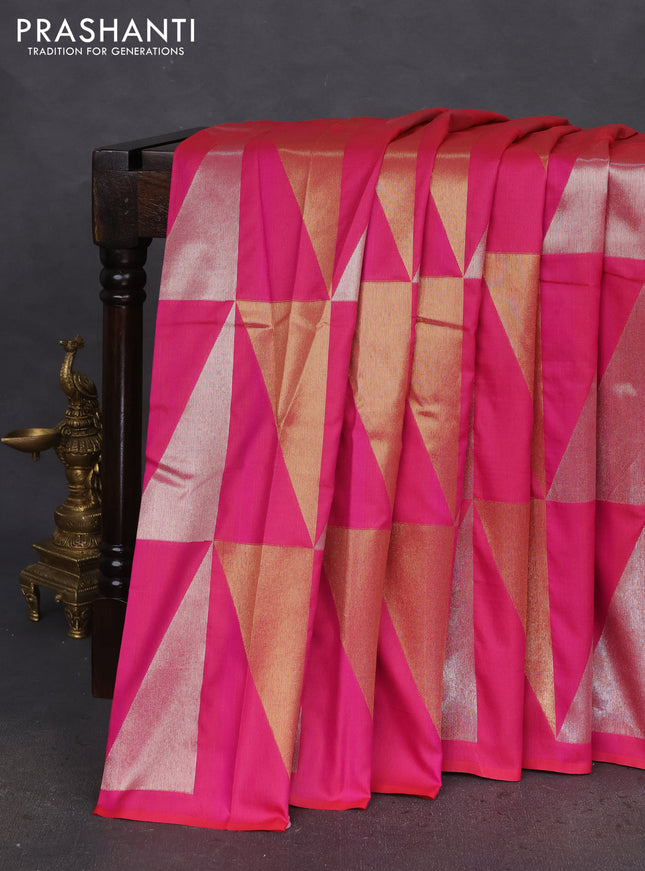 Semi soft silk saree pink with allover silver & gold geometric weaves in borderless style