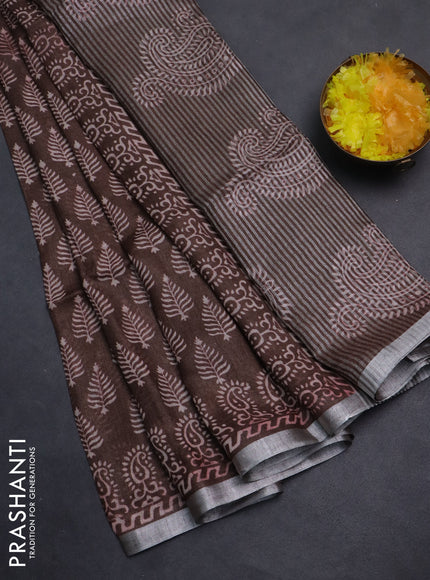 Pure linen saree brown with allover butta prints and silver zari woven border