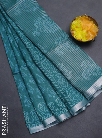 Pure linen saree teal green with allover butta prints and silver zari woven border