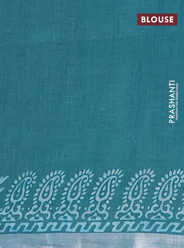 Pure linen saree teal green with allover butta prints and silver zari woven border