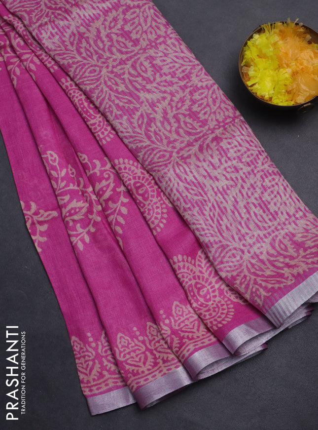 Pure linen saree pink with allover butta prints and silver zari woven border