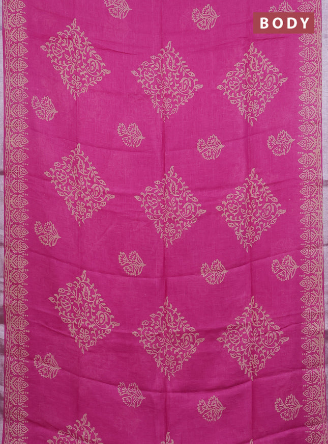 Pure linen saree pink with allover butta prints and silver zari woven border