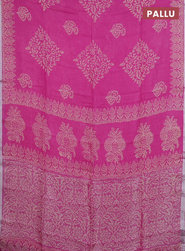 Pure linen saree pink with allover butta prints and silver zari woven border