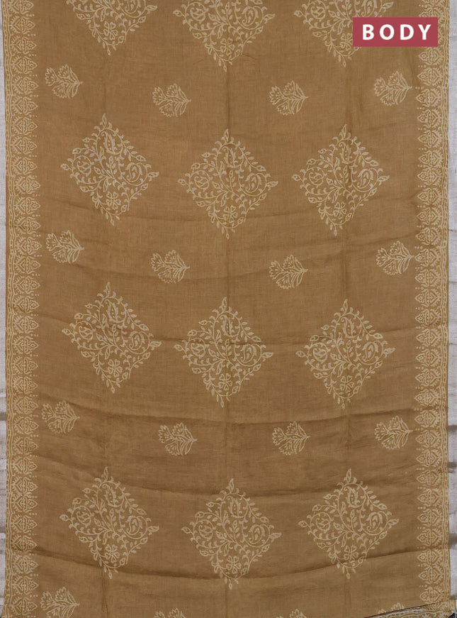 Pure linen saree sandal with allover butta prints and silver zari woven border