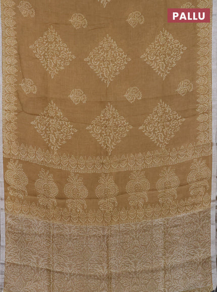 Pure linen saree sandal with allover butta prints and silver zari woven border