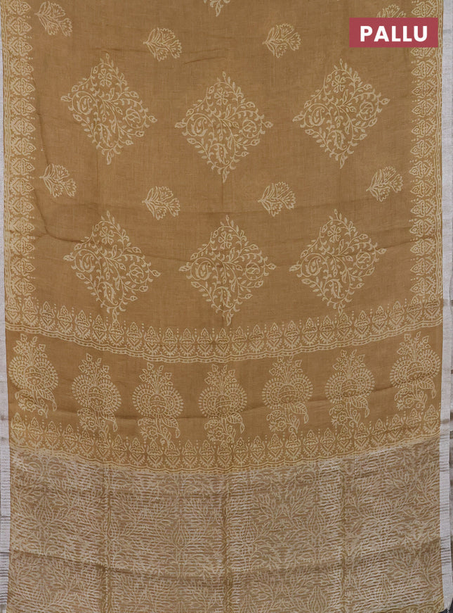 Pure linen saree sandal with allover butta prints and silver zari woven border