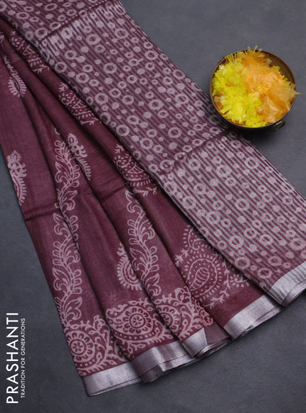 Pure linen saree wine shade with allover butta prints and silver zari woven border
