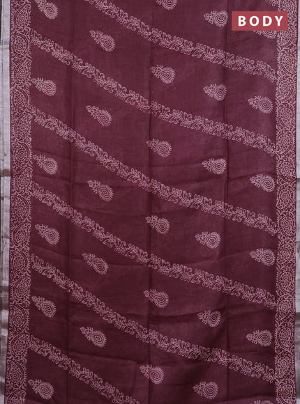 Pure linen saree wine shade with allover butta prints and silver zari woven border