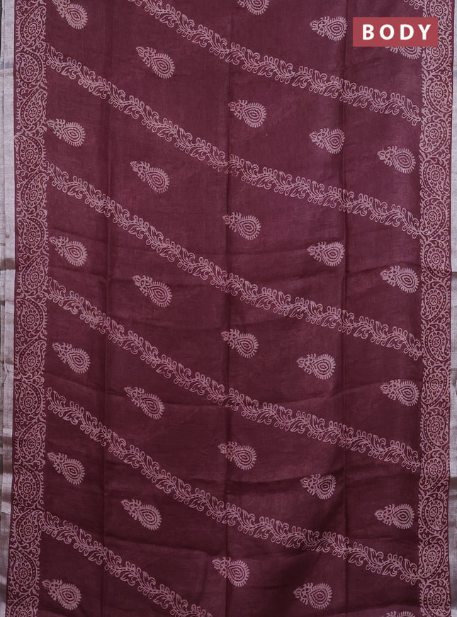 Pure linen saree wine shade with allover butta prints and silver zari woven border