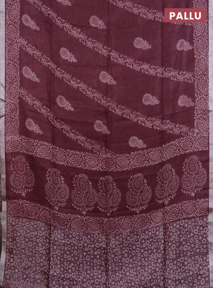 Pure linen saree wine shade with allover butta prints and silver zari woven border