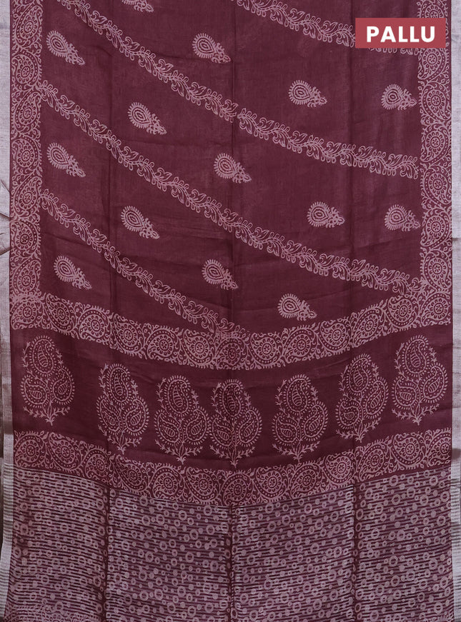 Pure linen saree wine shade with allover butta prints and silver zari woven border