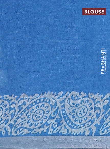 Pure linen saree cs blue with allover butta prints and silver zari woven border