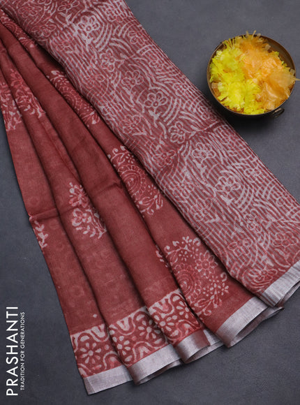 Pure linen saree maroon with allover butta prints and silver zari woven border