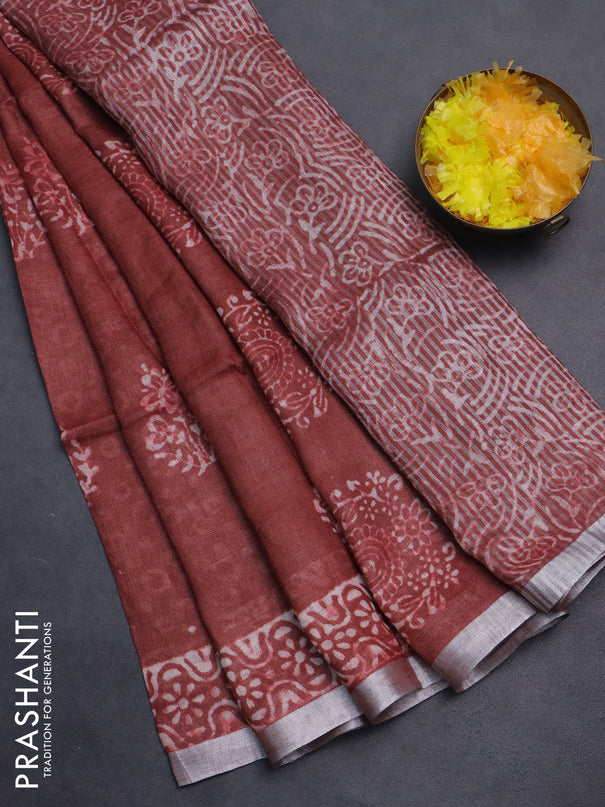 Pure linen saree maroon with allover butta prints and silver zari woven border