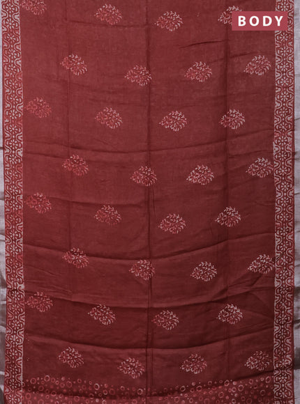 Pure linen saree maroon with allover butta prints and silver zari woven border