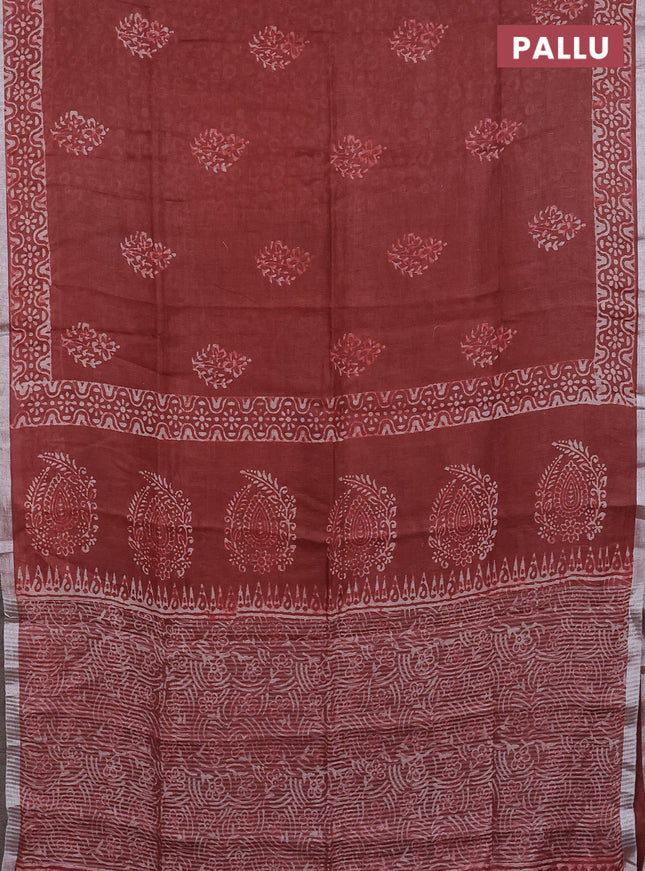 Pure linen saree maroon with allover butta prints and silver zari woven border